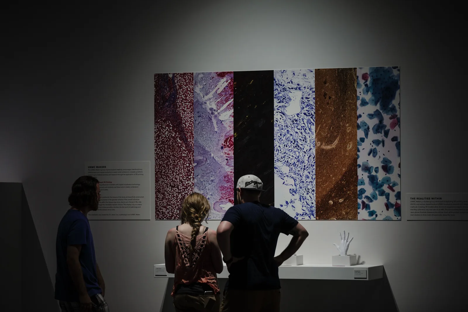 Visitors viewing a healthcare visualization and 3D printing installation during Reality at KANEKO in 2018